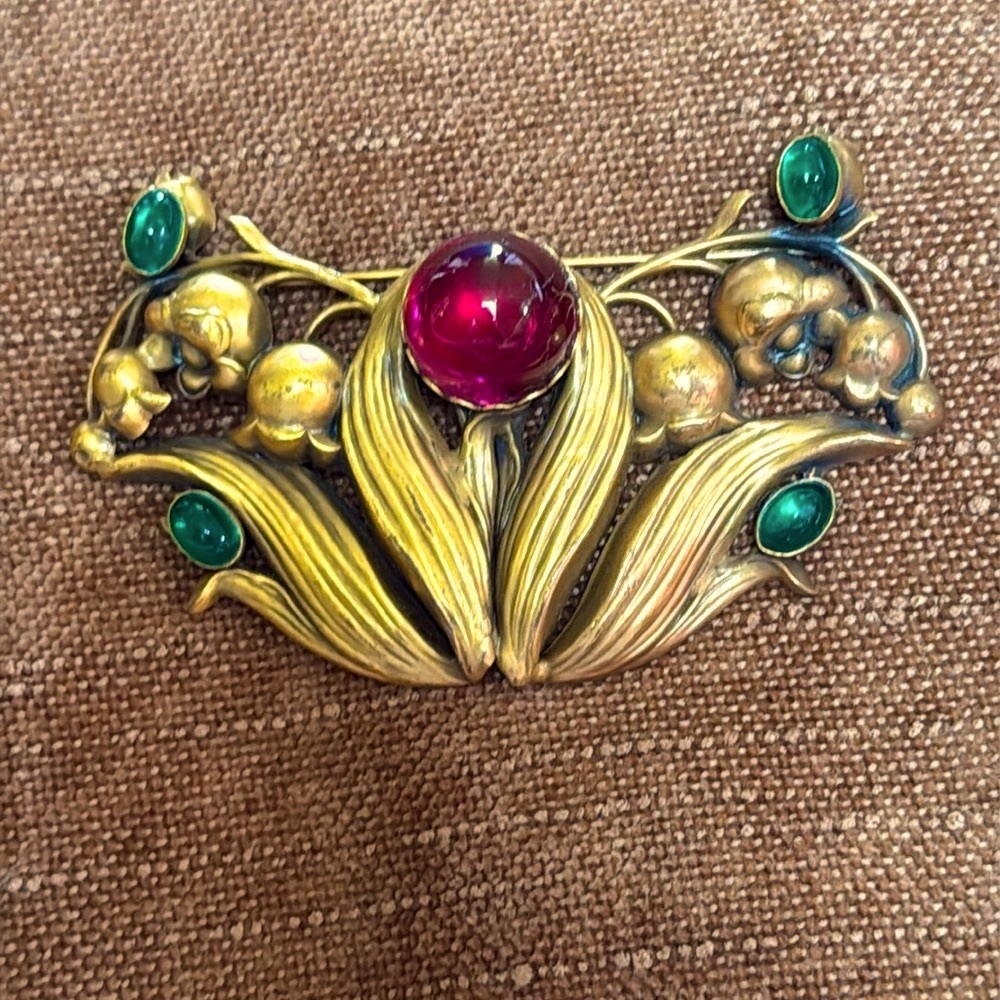 Joseff of Hollywood Rare lily of the valley brooch w/ruby jelly domed cabochon